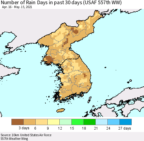 Korea Number of Rain Days in past 30 days (USAF 557th WW) 05/15/2021 Thematic Map For 5/11/2021 - 5/15/2021