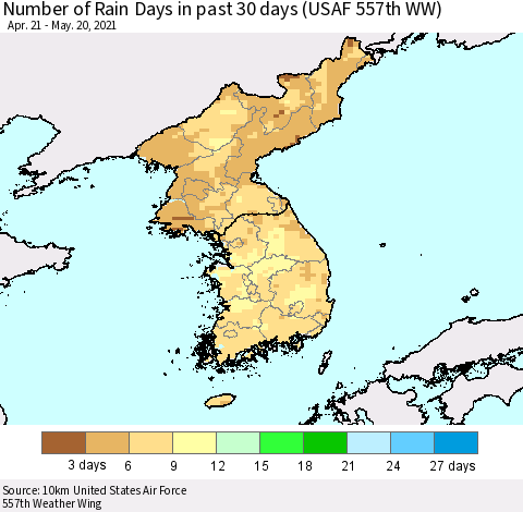 Korea Number of Rain Days in past 30 days (USAF 557th WW) 05/20/2021 Thematic Map For 5/16/2021 - 5/20/2021