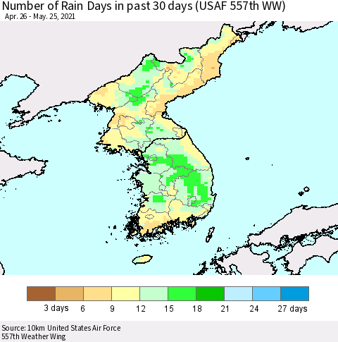 Korea Number of Rain Days in past 30 days (USAF 557th WW) 05/25/2021 Thematic Map For 5/21/2021 - 5/25/2021