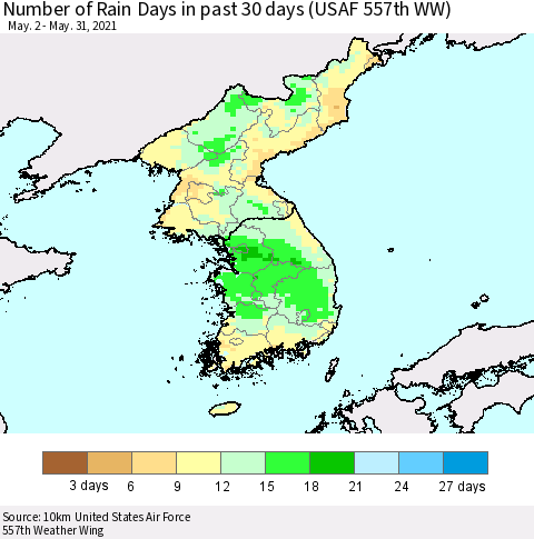 Korea Number of Rain Days in past 30 days (USAF 557th WW) 05/31/2021 Thematic Map For 5/26/2021 - 5/31/2021