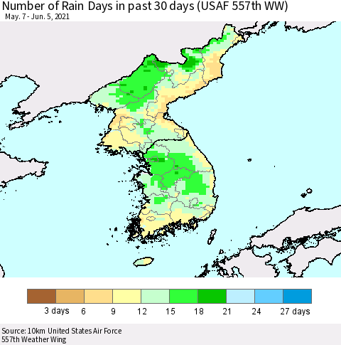 Korea Number of Rain Days in past 30 days (USAF 557th WW) 06/05/2021 Thematic Map For 6/1/2021 - 6/5/2021