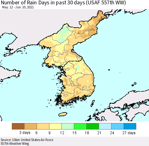 Korea Number of Rain Days in past 30 days (USAF 557th WW) 06/10/2021 Thematic Map For 6/6/2021 - 6/10/2021