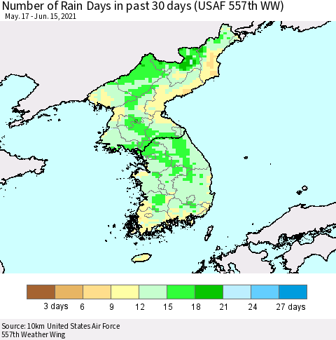 Korea Number of Rain Days in past 30 days (USAF 557th WW) 06/15/2021 Thematic Map For 6/11/2021 - 6/15/2021