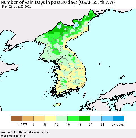 Korea Number of Rain Days in past 30 days (USAF 557th WW) 06/20/2021 Thematic Map For 6/16/2021 - 6/20/2021