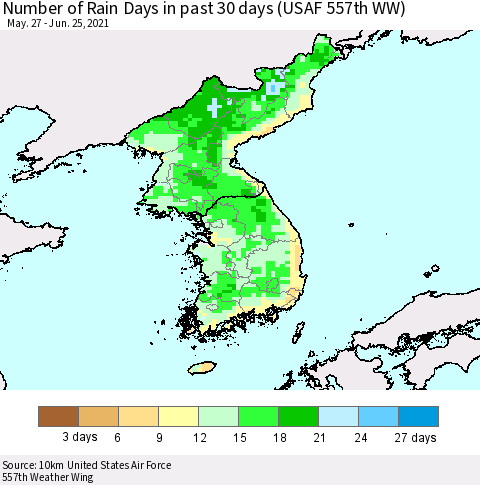 Korea Number of Rain Days in past 30 days (USAF 557th WW) 06/25/2021 Thematic Map For 6/21/2021 - 6/25/2021