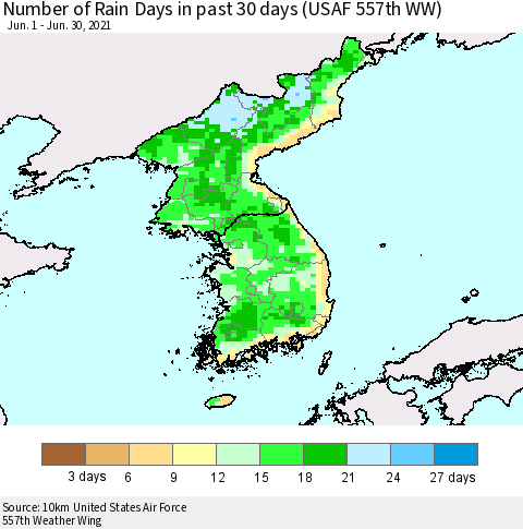 Korea Number of Rain Days in past 30 days (USAF 557th WW) 06/30/2021 Thematic Map For 6/26/2021 - 6/30/2021