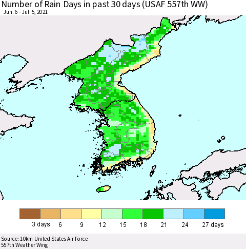 Korea Number of Rain Days in past 30 days (USAF 557th WW) 07/05/2021 Thematic Map For 7/1/2021 - 7/5/2021