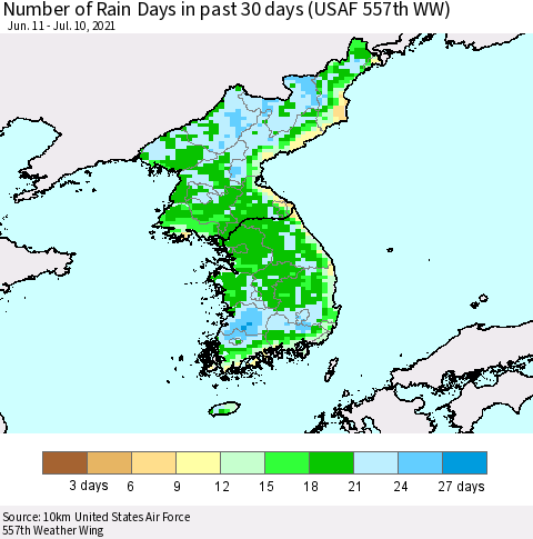 Korea Number of Rain Days in past 30 days (USAF 557th WW) 07/10/2021 Thematic Map For 7/6/2021 - 7/10/2021