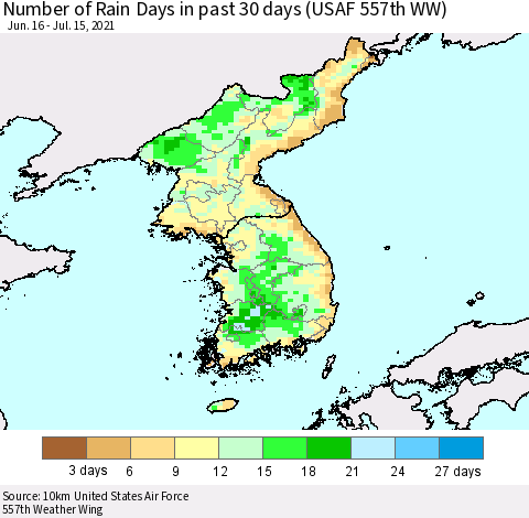 Korea Number of Rain Days in past 30 days (USAF 557th WW) 07/15/2021 Thematic Map For 7/11/2021 - 7/15/2021
