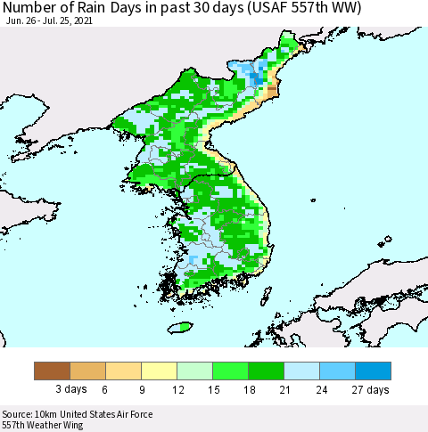 Korea Number of Rain Days in past 30 days (USAF 557th WW) 07/25/2021 Thematic Map For 7/21/2021 - 7/25/2021
