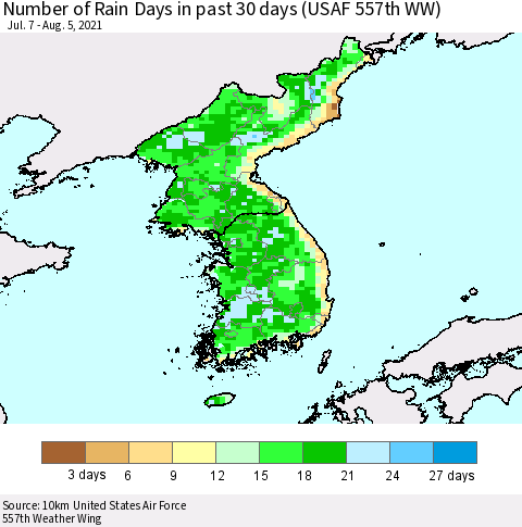 Korea Number of Rain Days in past 30 days (USAF 557th WW) 08/05/2021 Thematic Map For 8/1/2021 - 8/5/2021