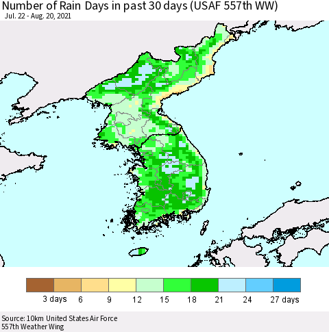 Korea Number of Rain Days in past 30 days (USAF 557th WW) 08/20/2021 Thematic Map For 8/16/2021 - 8/20/2021
