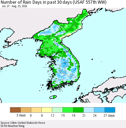 Korea Number of Rain Days in past 30 days (USAF 557th WW) 08/25/2021 Thematic Map For 8/21/2021 - 8/25/2021