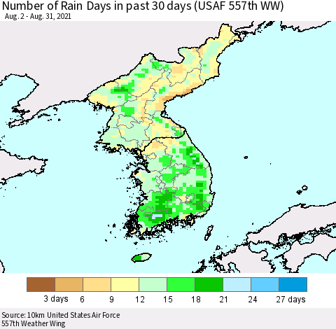 Korea Number of Rain Days in past 30 days (USAF 557th WW) 08/31/2021 Thematic Map For 8/26/2021 - 8/31/2021