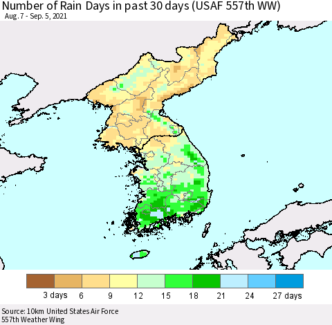 Korea Number of Rain Days in past 30 days (USAF 557th WW) 09/05/2021 Thematic Map For 9/1/2021 - 9/5/2021