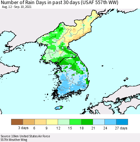 Korea Number of Rain Days in past 30 days (USAF 557th WW) 09/10/2021 Thematic Map For 9/6/2021 - 9/10/2021