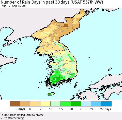 Korea Number of Rain Days in past 30 days (USAF 557th WW) 09/15/2021 Thematic Map For 9/11/2021 - 9/15/2021