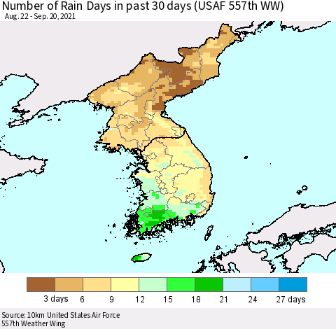 Korea Number of Rain Days in past 30 days (USAF 557th WW) 09/20/2021 Thematic Map For 9/16/2021 - 9/20/2021