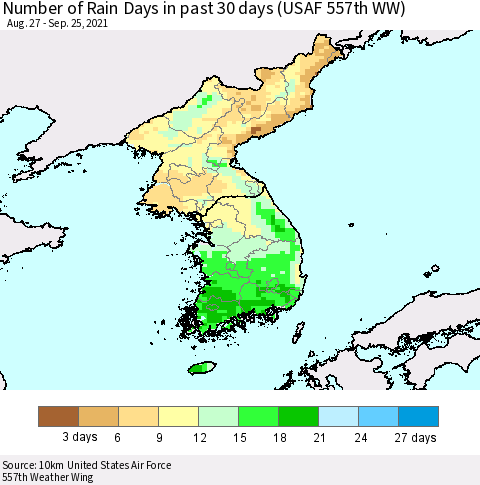 Korea Number of Rain Days in past 30 days (USAF 557th WW) 09/25/2021 Thematic Map For 9/21/2021 - 9/25/2021