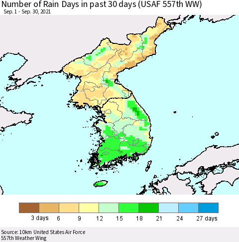 Korea Number of Rain Days in past 30 days (USAF 557th WW) 09/30/2021 Thematic Map For 9/26/2021 - 9/30/2021