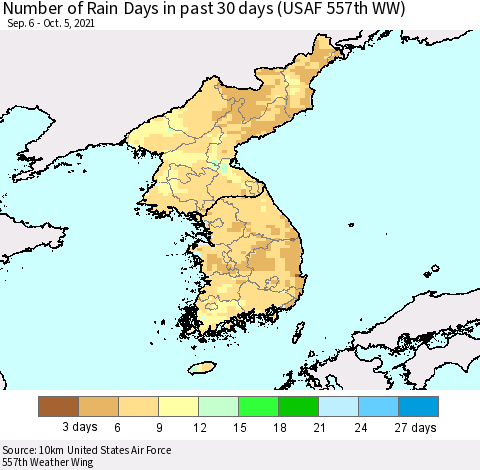 Korea Number of Rain Days in past 30 days (USAF 557th WW) 10/05/2021 Thematic Map For 10/1/2021 - 10/5/2021