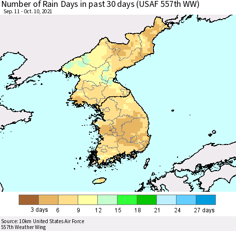 Korea Number of Rain Days in past 30 days (USAF 557th WW) 10/10/2021 Thematic Map For 10/6/2021 - 10/10/2021