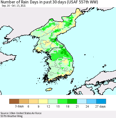 Korea Number of Rain Days in past 30 days (USAF 557th WW) 10/15/2021 Thematic Map For 10/11/2021 - 10/15/2021