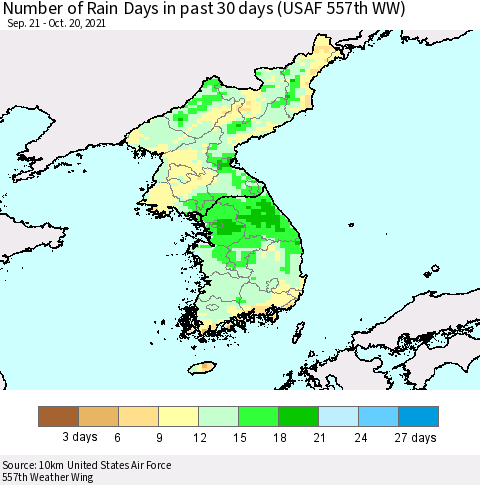 Korea Number of Rain Days in past 30 days (USAF 557th WW) 10/20/2021 Thematic Map For 10/16/2021 - 10/20/2021