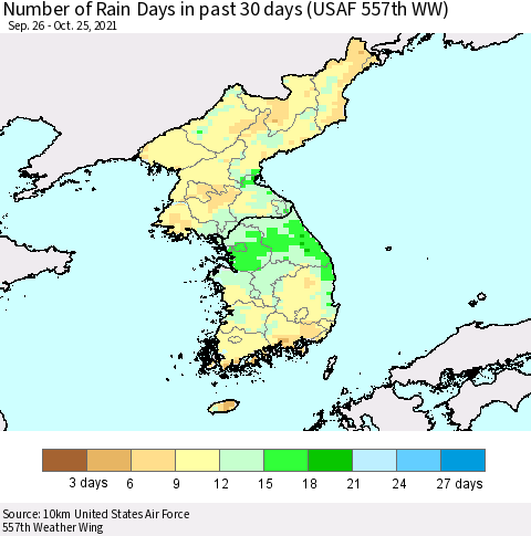 Korea Number of Rain Days in past 30 days (USAF 557th WW) 10/25/2021 Thematic Map For 10/21/2021 - 10/25/2021