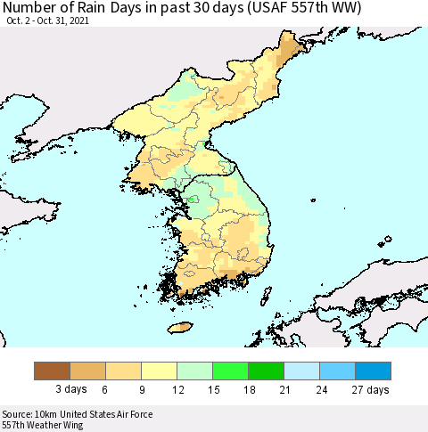 Korea Number of Rain Days in past 30 days (USAF 557th WW) 10/31/2021 Thematic Map For 10/26/2021 - 10/31/2021