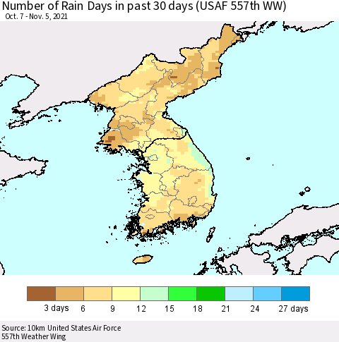Korea Number of Rain Days in past 30 days (USAF 557th WW) 11/05/2021 Thematic Map For 11/1/2021 - 11/5/2021