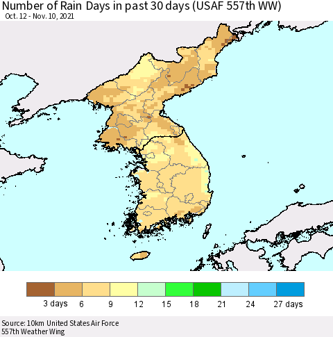 Korea Number of Rain Days in past 30 days (USAF 557th WW) 11/10/2021 Thematic Map For 11/6/2021 - 11/10/2021