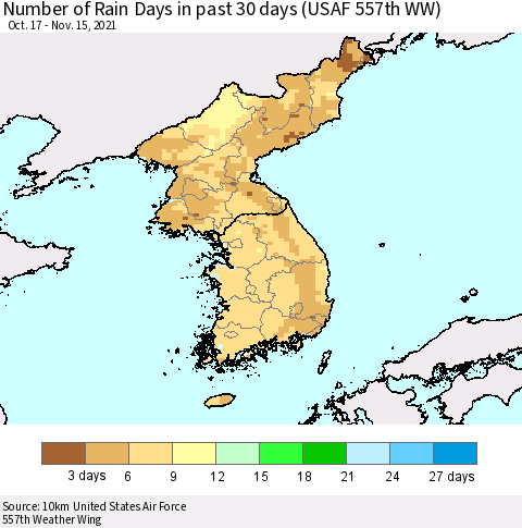 Korea Number of Rain Days in past 30 days (USAF 557th WW) 11/15/2021 Thematic Map For 11/11/2021 - 11/15/2021