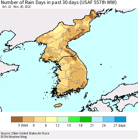 Korea Number of Rain Days in past 30 days (USAF 557th WW) 11/20/2021 Thematic Map For 11/16/2021 - 11/20/2021