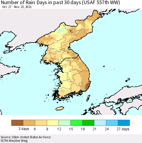 Korea Number of Rain Days in past 30 days (USAF 557th WW) 11/25/2021 Thematic Map For 11/21/2021 - 11/25/2021