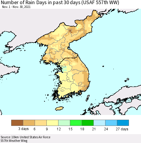 Korea Number of Rain Days in past 30 days (USAF 557th WW) 11/30/2021 Thematic Map For 11/26/2021 - 11/30/2021