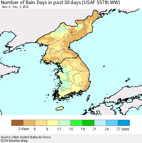 Korea Number of Rain Days in past 30 days (USAF 557th WW) 12/05/2021 Thematic Map For 12/1/2021 - 12/5/2021