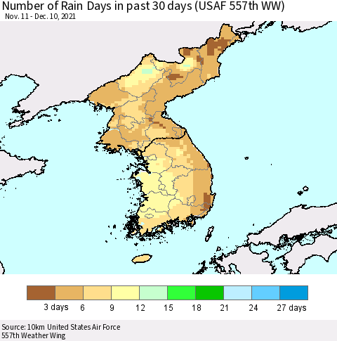 Korea Number of Rain Days in past 30 days (USAF 557th WW) 12/10/2021 Thematic Map For 12/6/2021 - 12/10/2021