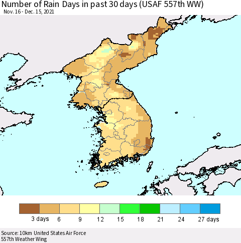 Korea Number of Rain Days in past 30 days (USAF 557th WW) 12/15/2021 Thematic Map For 12/11/2021 - 12/15/2021