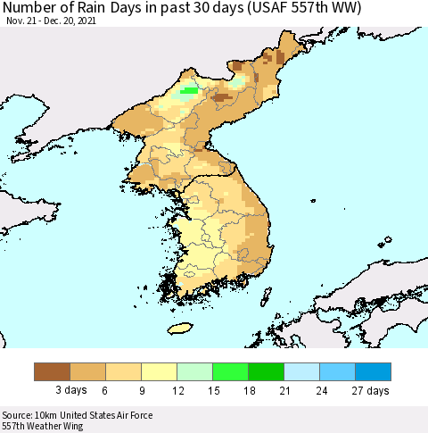 Korea Number of Rain Days in past 30 days (USAF 557th WW) 12/20/2021 Thematic Map For 12/16/2021 - 12/20/2021