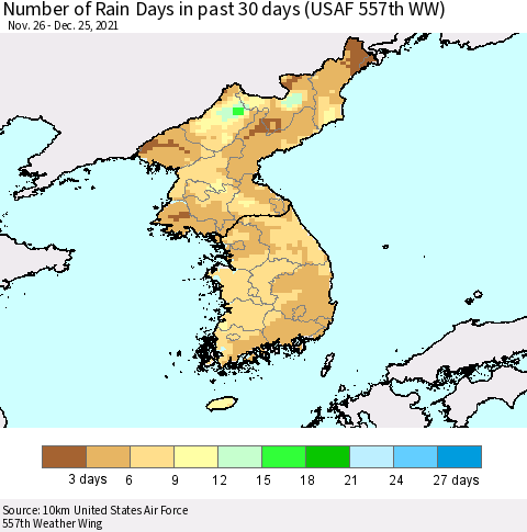 Korea Number of Rain Days in past 30 days (USAF 557th WW) 12/25/2021 Thematic Map For 12/21/2021 - 12/25/2021