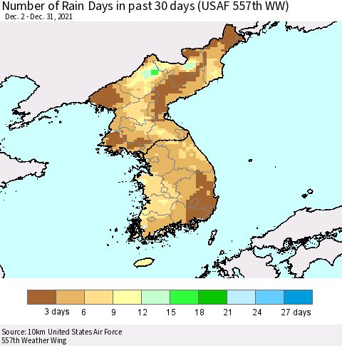 Korea Number of Rain Days in past 30 days (USAF 557th WW) 12/31/2021 Thematic Map For 12/26/2021 - 12/31/2021