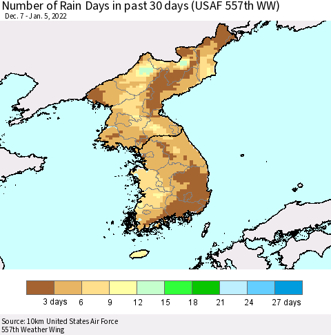 Korea Number of Rain Days in past 30 days (USAF 557th WW) 01/05/2022 Thematic Map For 1/1/2022 - 1/5/2022