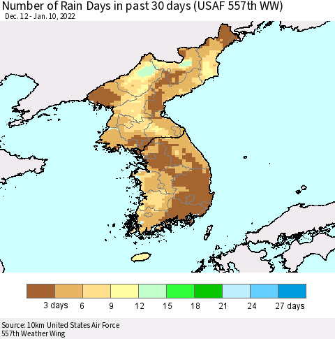 Korea Number of Rain Days in past 30 days (USAF 557th WW) 01/10/2022 Thematic Map For 1/6/2022 - 1/10/2022
