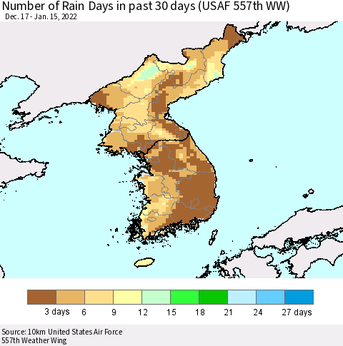 Korea Number of Rain Days in past 30 days (USAF 557th WW) 01/15/2022 Thematic Map For 1/11/2022 - 1/15/2022