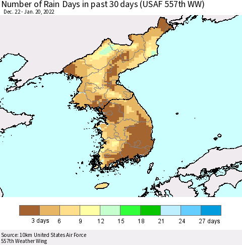 Korea Number of Rain Days in past 30 days (USAF 557th WW) 01/20/2022 Thematic Map For 1/16/2022 - 1/20/2022