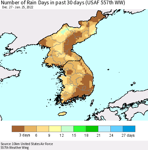Korea Number of Rain Days in past 30 days (USAF 557th WW) 01/25/2022 Thematic Map For 1/21/2022 - 1/25/2022