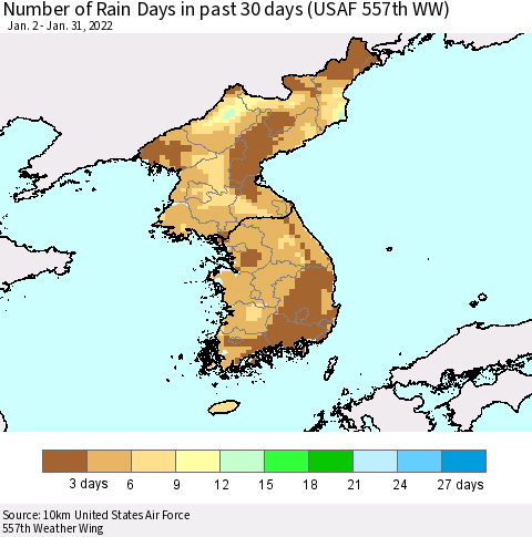 Korea Number of Rain Days in past 30 days (USAF 557th WW) 01/31/2022 Thematic Map For 1/26/2022 - 1/31/2022