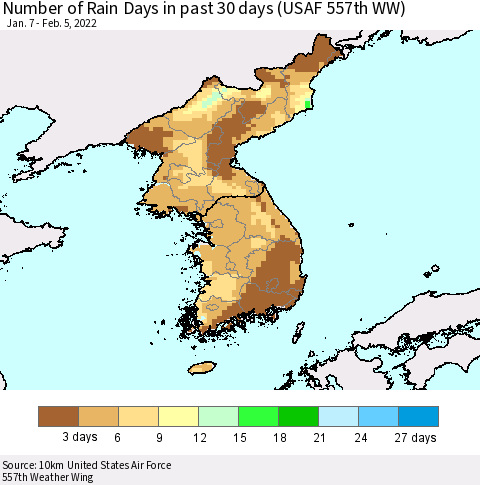 Korea Number of Rain Days in past 30 days (USAF 557th WW) 02/05/2022 Thematic Map For 2/1/2022 - 2/5/2022