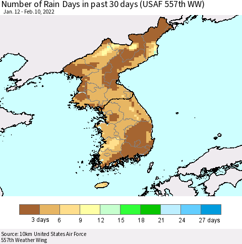 Korea Number of Rain Days in past 30 days (USAF 557th WW) 02/10/2022 Thematic Map For 2/6/2022 - 2/10/2022